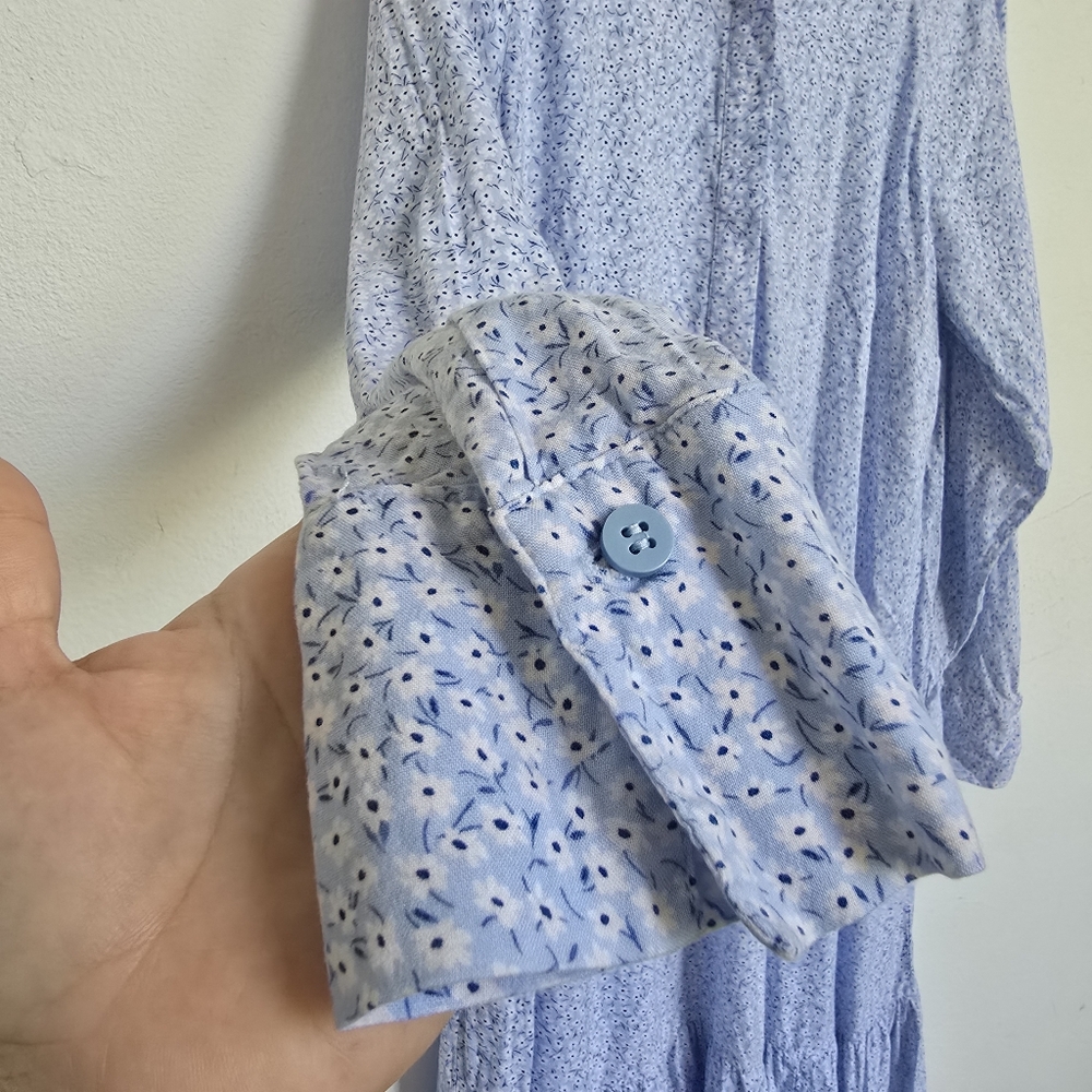 H&M Blue Floral Midi Dress Viscose Collared Long Sleeve Shirt Dress M - Picture 9 of 17